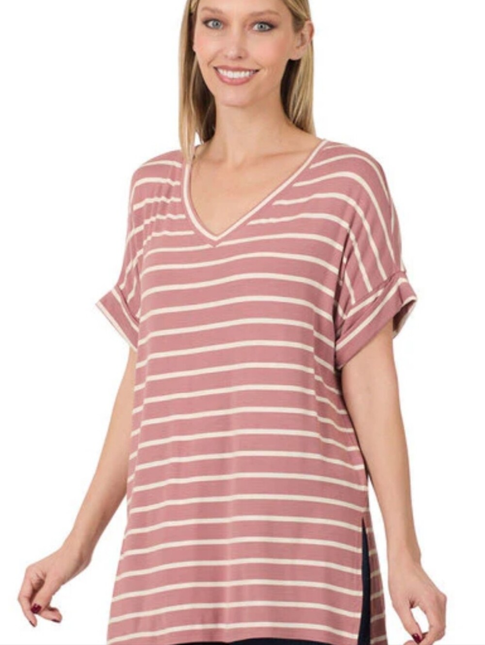Zenana Outfitters Rose Pink Ivory Striped V-Neck Tunic Tee Size Large